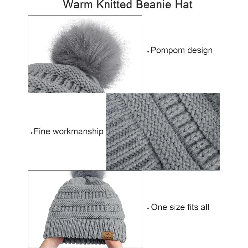 Winter Beanie Hat Scarf Gloves 4-in-1 Knit Set for Women Unisex